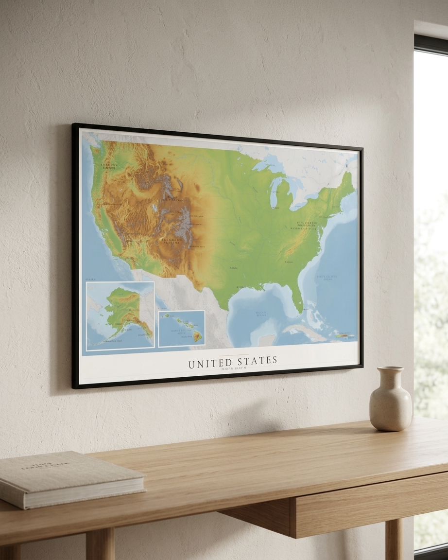 A framed United States topographic map print hangs on a textured beige wall above a light wood console table. The print features green, yellow, and blue terrain shading with inset maps of Alaska and Hawaii.