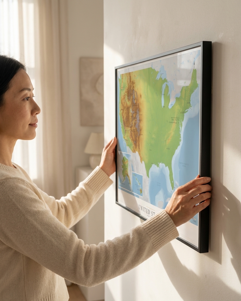 A woman in a cream sweater hangs a framed United States topographic map on a light-colored wall in a bright, modern room.