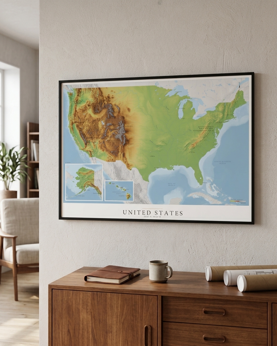 A framed topographic map of the United States hangs on a textured beige wall above a wooden cabinet in a modern living room setting.