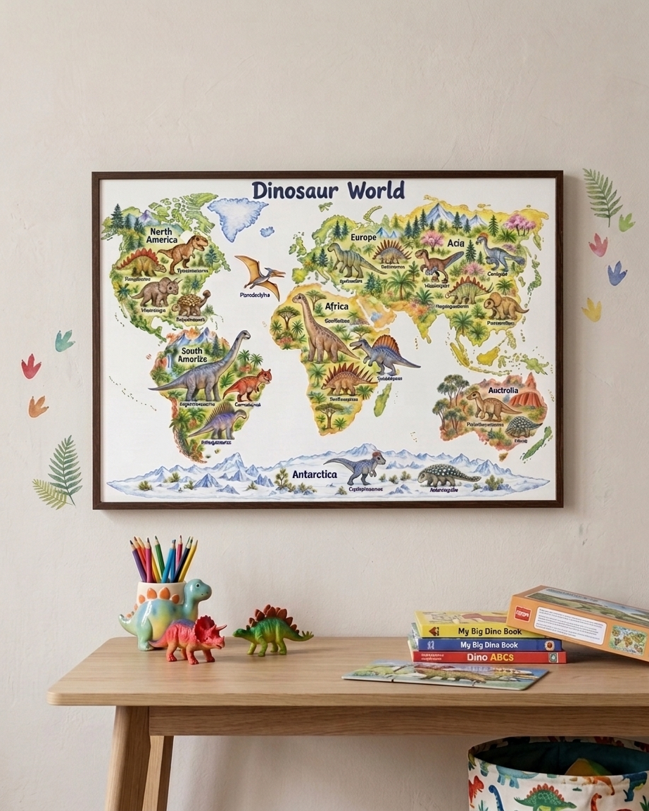Dinosaur World Map Print | Kids Dinosaur Wall Art