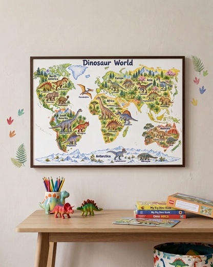 Dinosaur World Map Print | Kids Dinosaur Wall Art