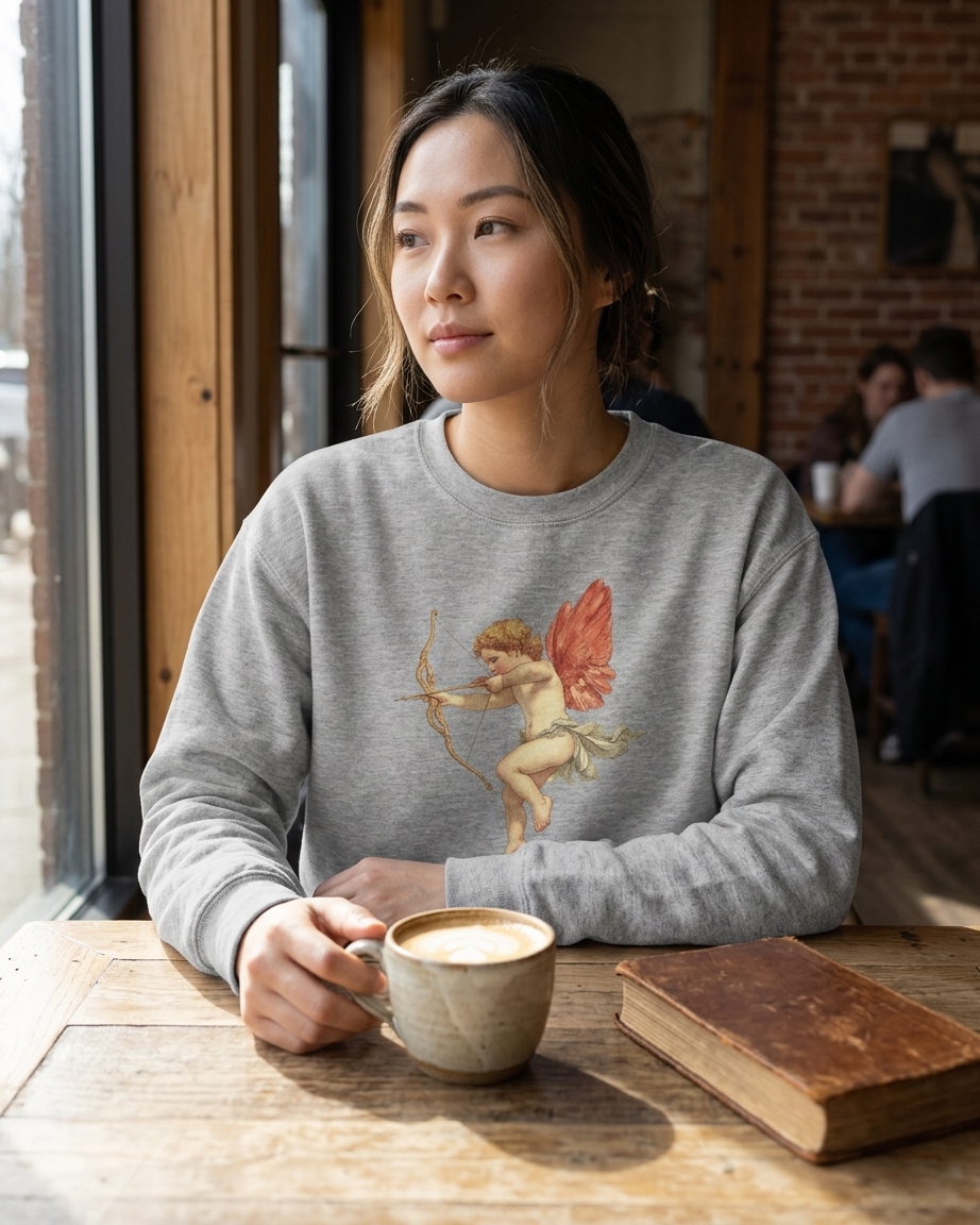A woman sitting at a wooden table in a cafe, wearing a heather gray crewneck sweatshirt with a vintage-style illustration of a winged cupid holding a bow on the front. She is holding a ceramic coffee mug next to an old book.