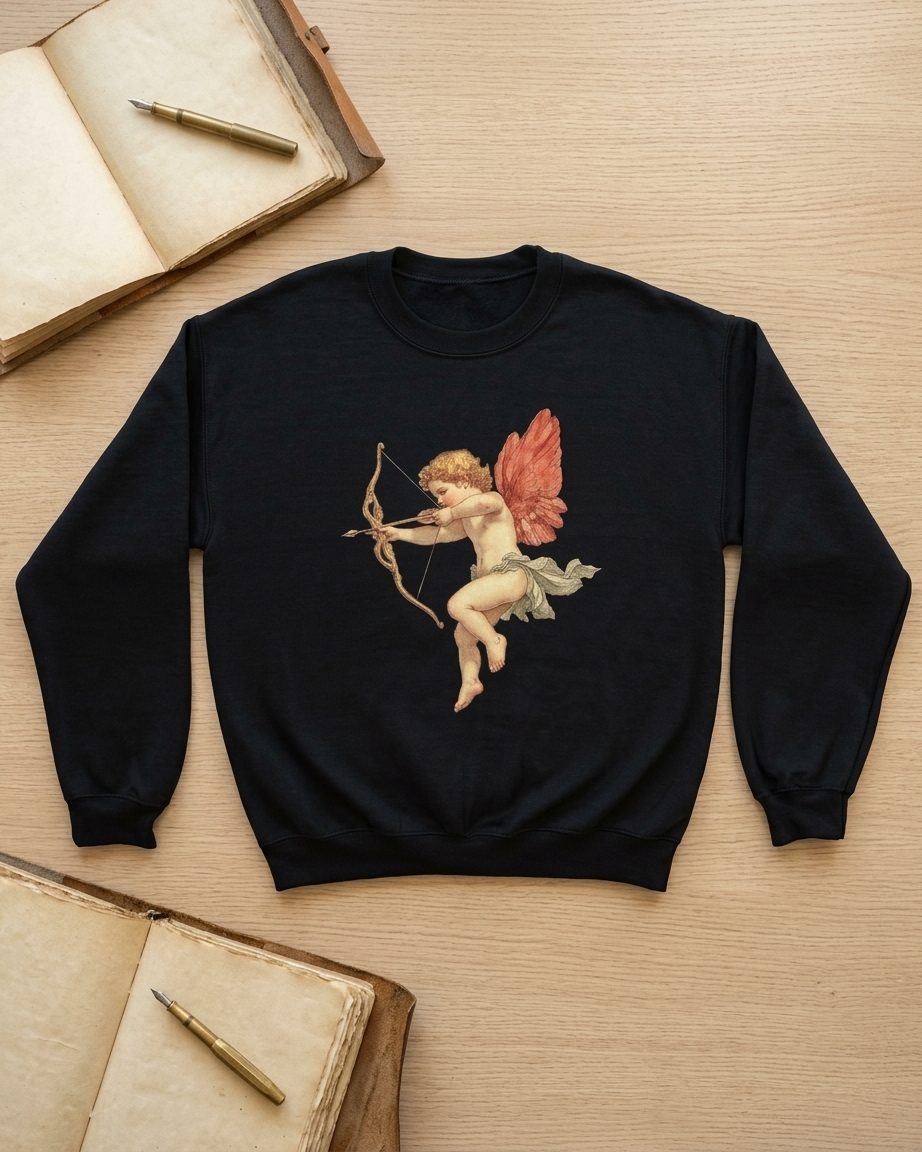 A black crewneck sweatshirt featuring a vintage-style graphic of Cupid with a bow and arrow, laid flat on a light wood background with old books and pens as props.