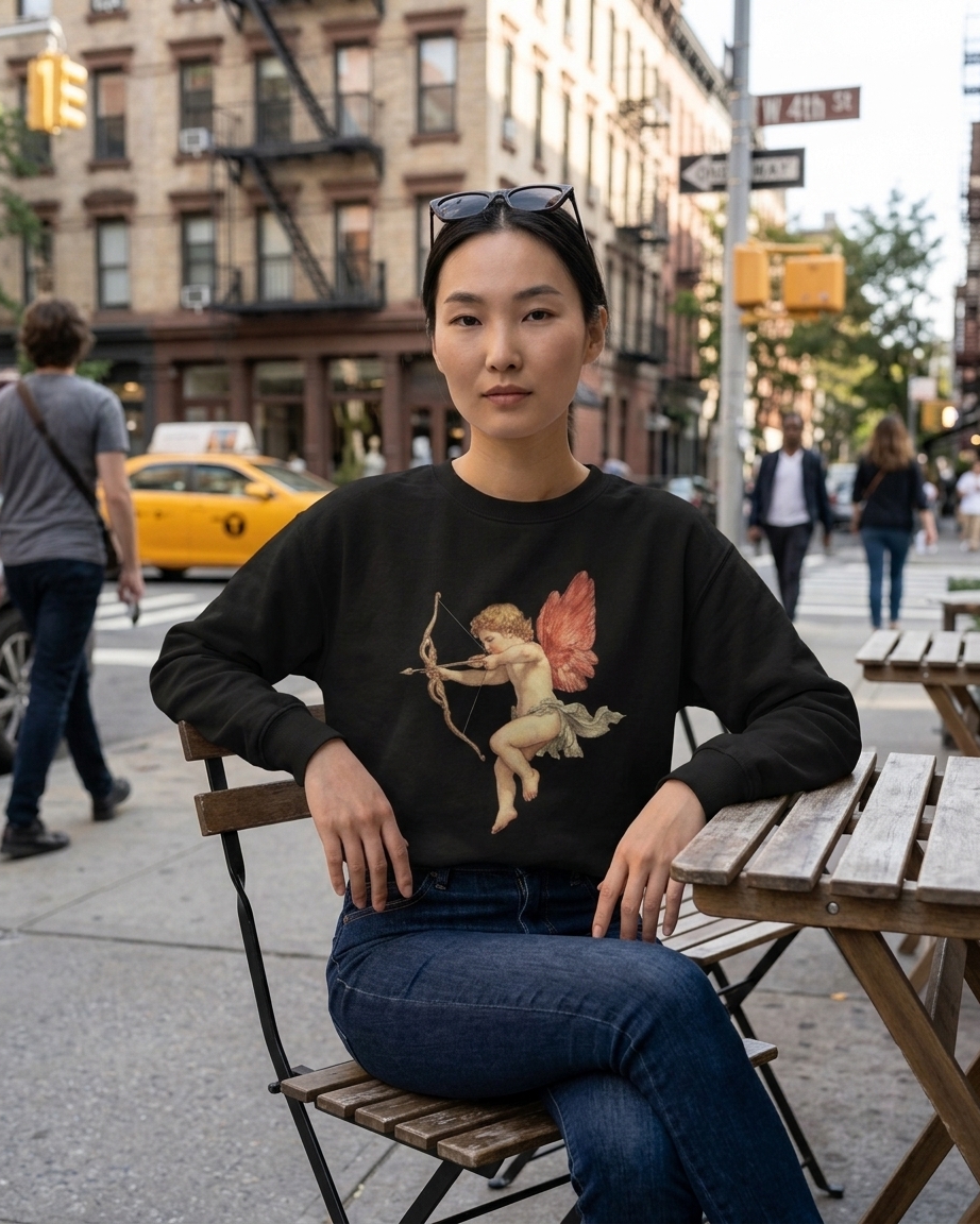 A woman sitting on a wooden chair at an outdoor cafe table on a city street, wearing a black crewneck sweatshirt with a graphic of Cupid on the front and blue jeans.