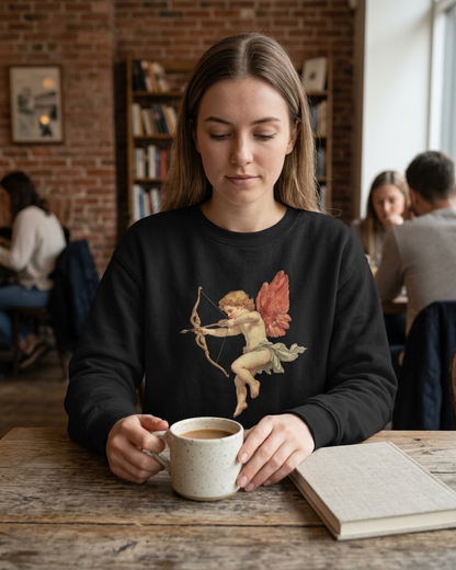 A woman sitting at a wooden table in a cozy cafe setting, wearing a black crewneck sweatshirt with a vintage-style graphic of a winged cupid holding a bow. She is holding a speckled ceramic mug and has an open book on the table.