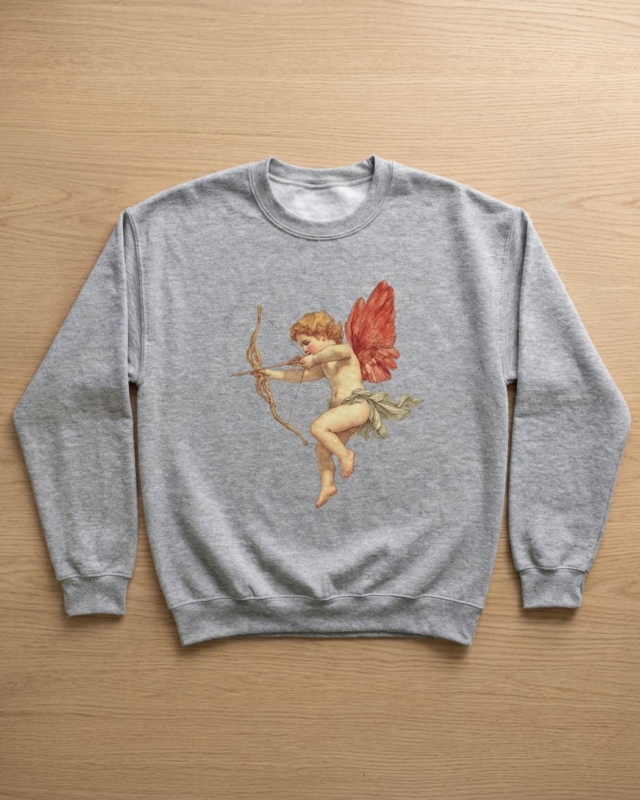 A heather gray crewneck sweatshirt featuring a vintage-style graphic of Cupid with red wings and a bow, laid flat on a light wood background.