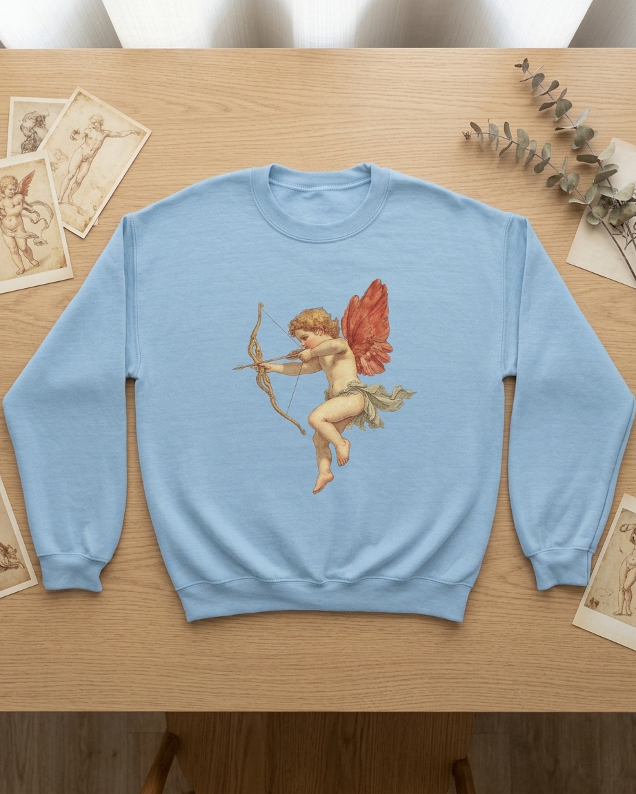 A light blue crewneck sweatshirt featuring a vintage-style graphic of Cupid with red wings and a bow, laid flat on a light wood table with decorative vintage cards and eucalyptus branches.