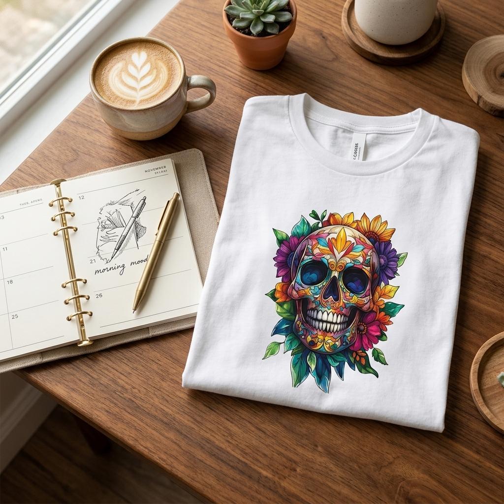 A white crewneck t-shirt is folded on a wooden table next to an open notebook, a cup of latte, and small potted plants. The t-shirt features a colorful graphic of a sugar skull decorated with flowers and green leaves.