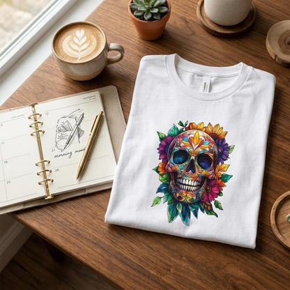 A white crewneck t-shirt is folded on a wooden table next to an open notebook, a cup of latte, and small potted plants. The t-shirt features a colorful graphic of a sugar skull decorated with flowers and green leaves.