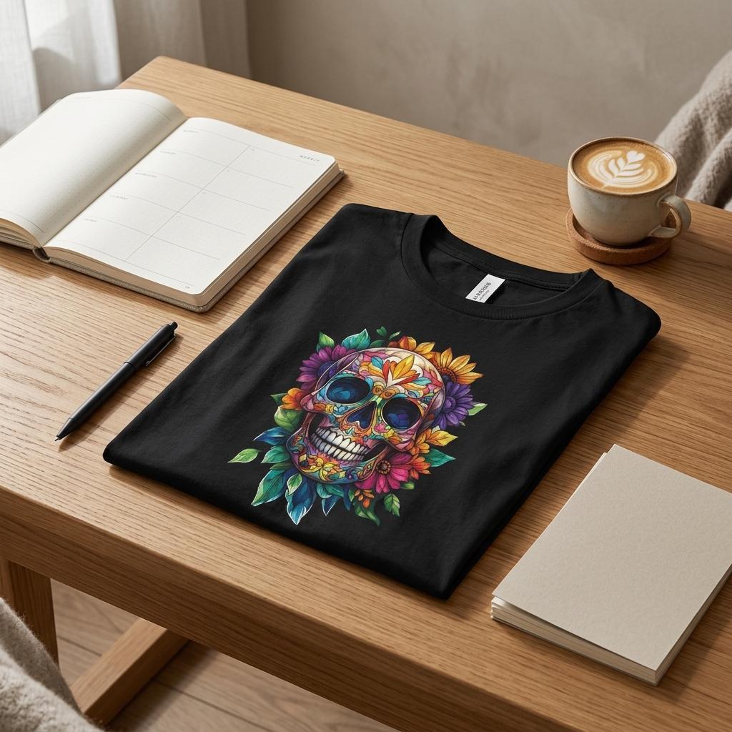 A black crewneck t-shirt is laid flat on a wooden desk, featuring a colorful graphic of a sugar skull decorated with flowers and green leaves. The shirt is styled in a cozy workspace setting with an open notebook, a pen, a stack of papers, and a cup of latte art coffee.