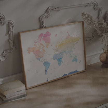 Rainbow Watercolor World Map Print | Colourful Wall Art