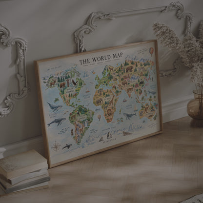 Illustrated World Map Print | Animals & Landmarks Wall Art