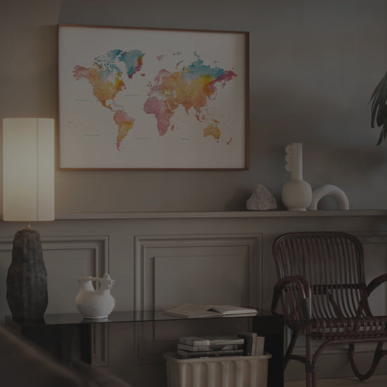 Minimalist world map wall art in beautiful watercolors.