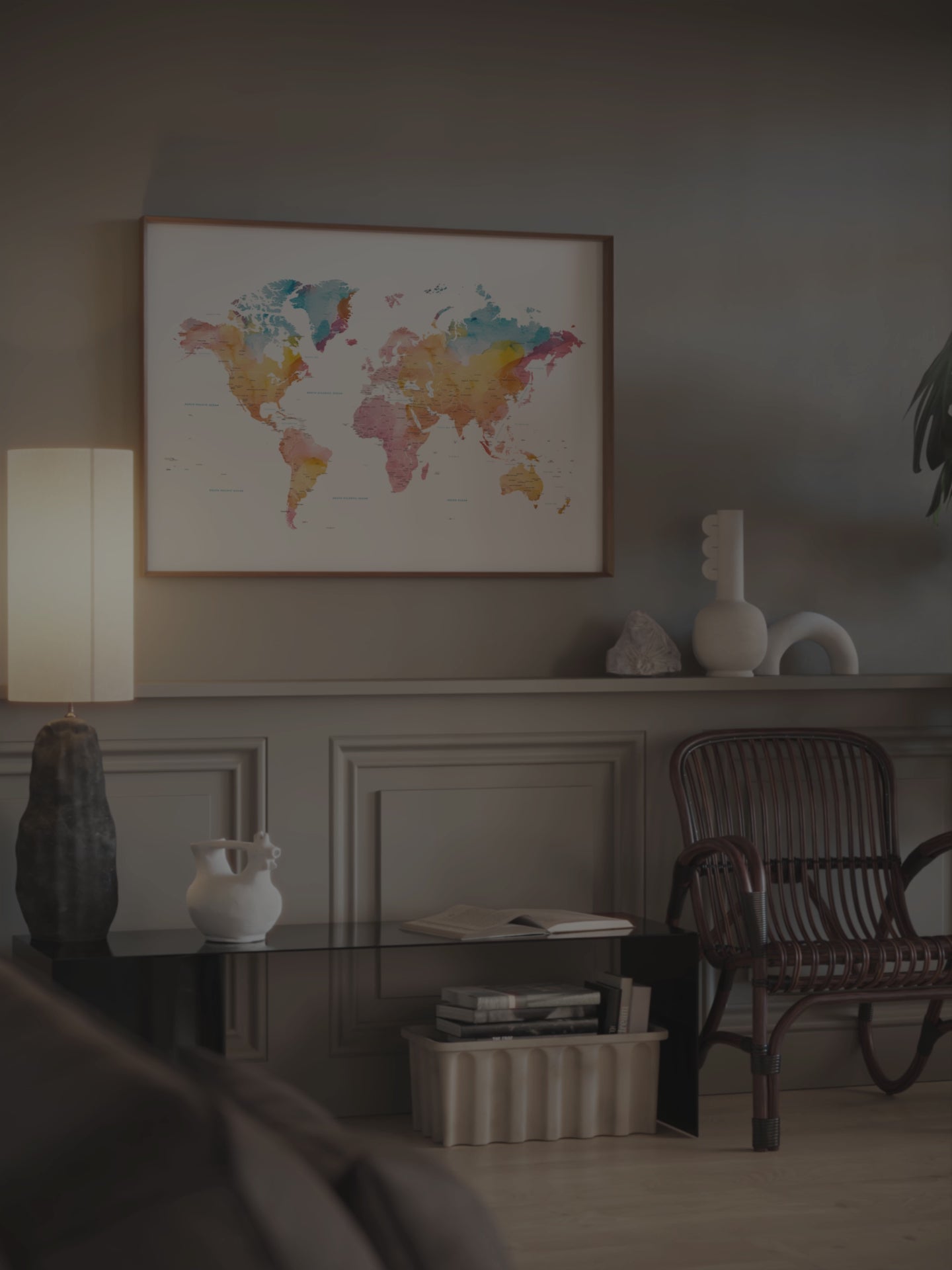 Minimalist world map wall art in beautiful watercolors.