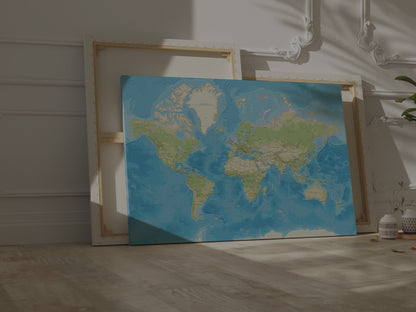 Carte du monde en relief | Différentes tailles disponibles | Impression de la carte du monde physique | Art mural sur toile Carte du monde océans