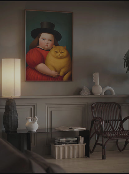 Botero Girl with Cat wall art in different sizes and frame options or canvas