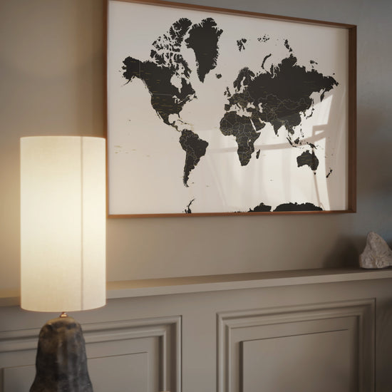  Black world map wall art.