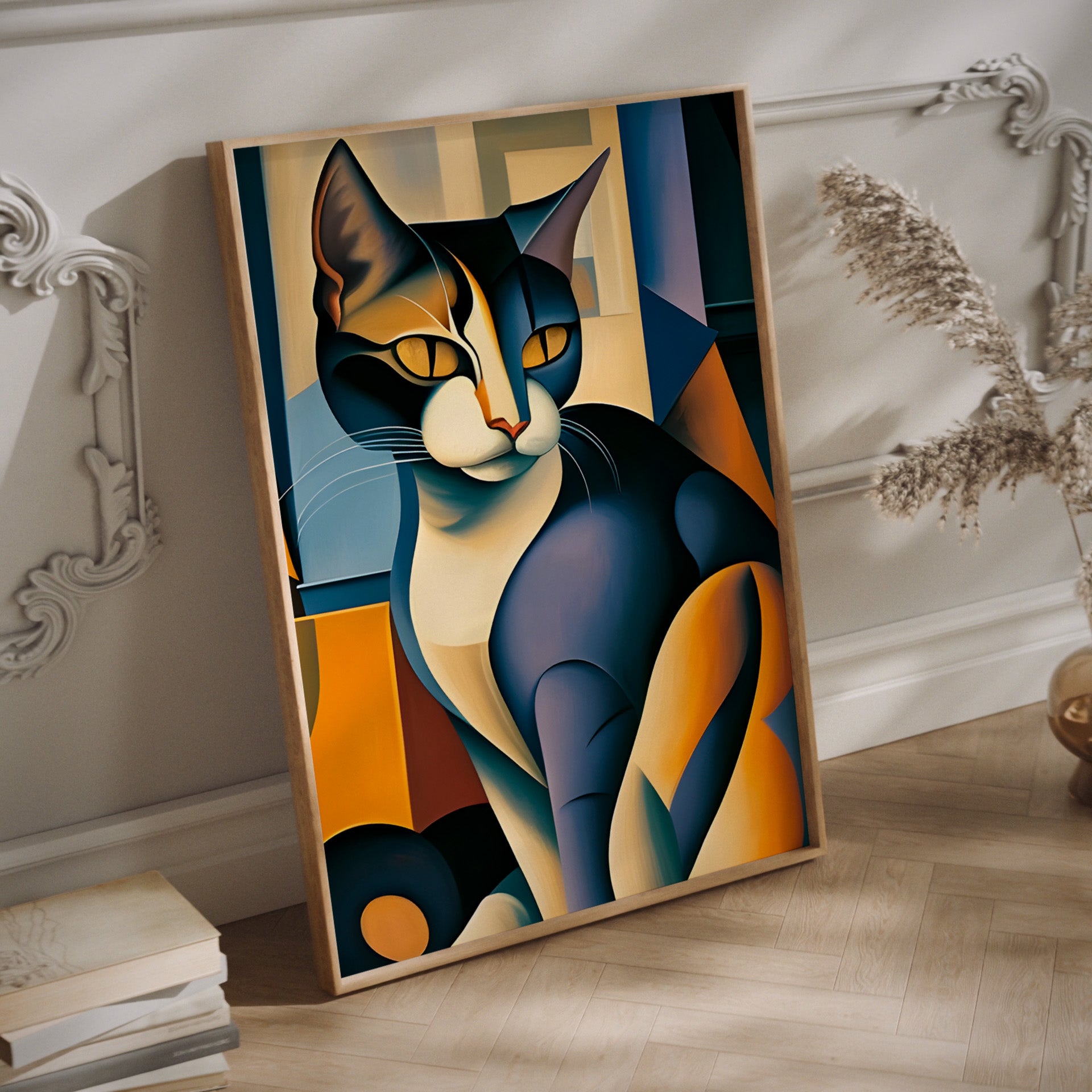 Art deco cat wall art in a wood frame