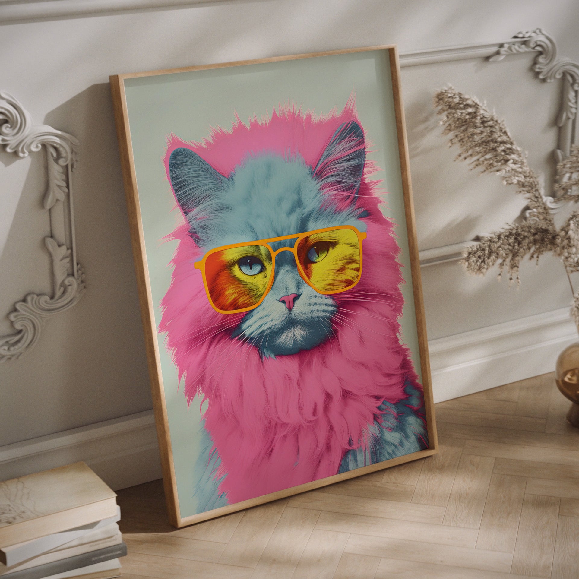 Pop art cat wall art in a wood frame