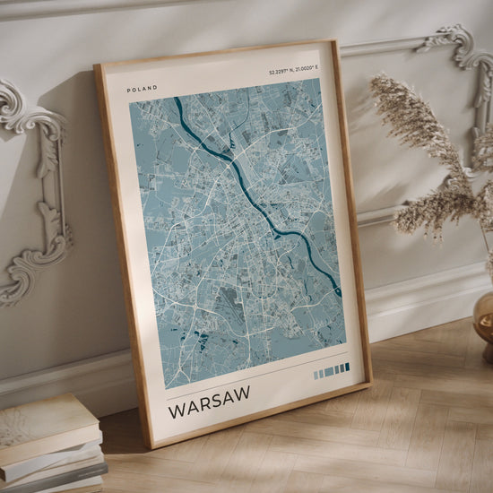 Warsaw blue city map print in a wood frame