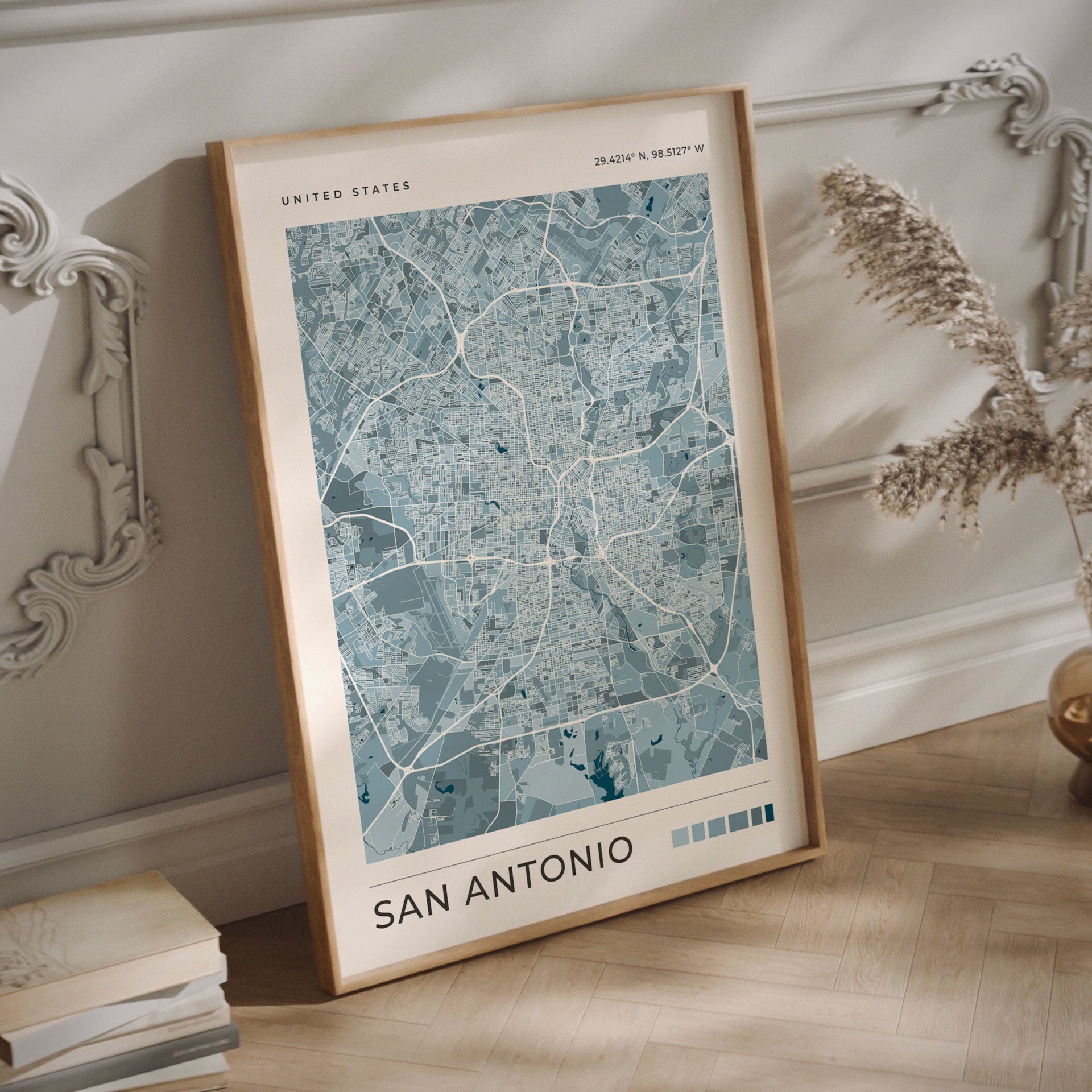 San Antonio blue city map print wall art in a wood frame