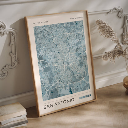 San Antonio blue city map print wall art in a wood frame