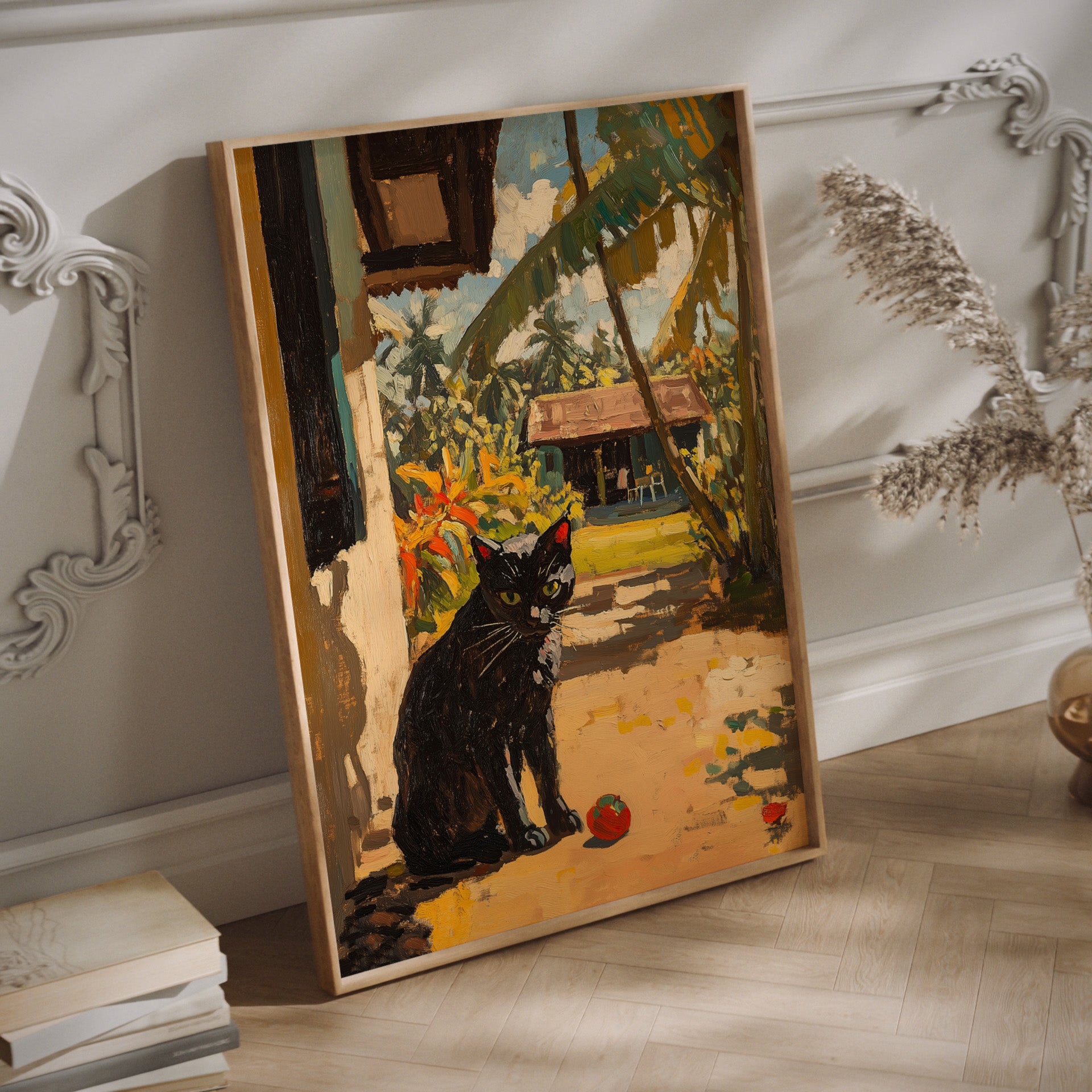 Gauguin black cat wall art in a wood frame
