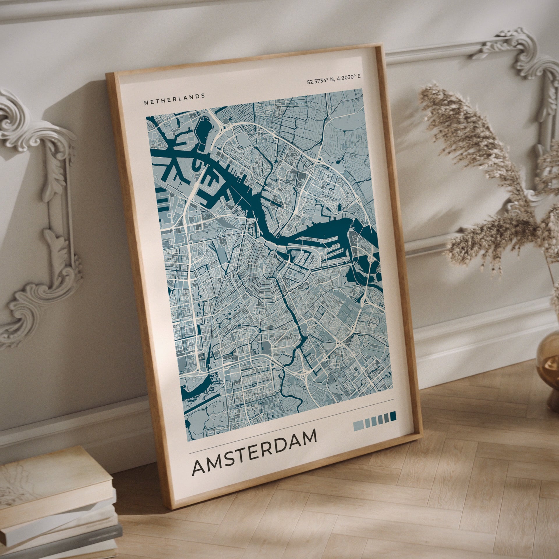 Amsterdam city map print in blue tones in a wood frame