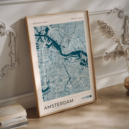 Amsterdam city map print in blue tones in a wood frame