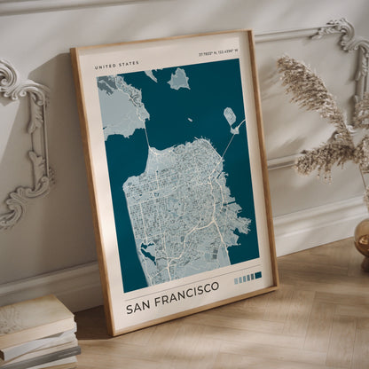 San Francisco city map in blue in a wood frame