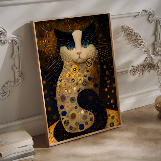 Klimt cat wall art print in a wood frame