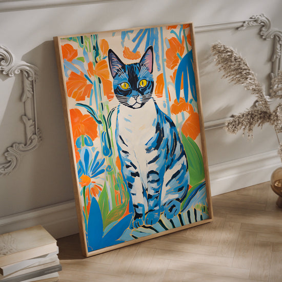 Matisse blue cat wall art in a wood frame