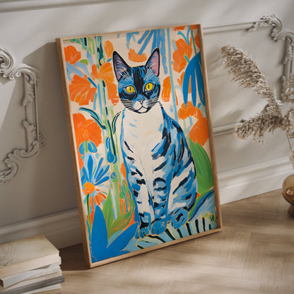Matisse blue cat wall art in a wood frame