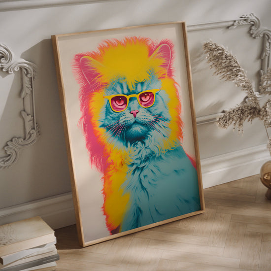Warhol pop art cat wall art in a wood frame