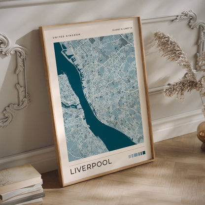 Liverpool city map print in blue colors in a wood frame