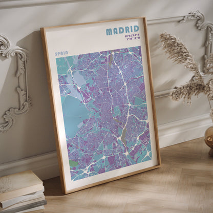 Madrid travel map print in a natural wood frame.