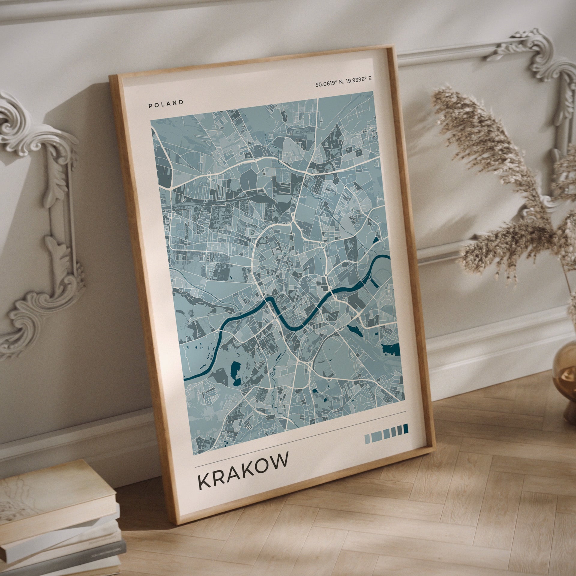 Krakow city map poster in blue tones in a wood frame