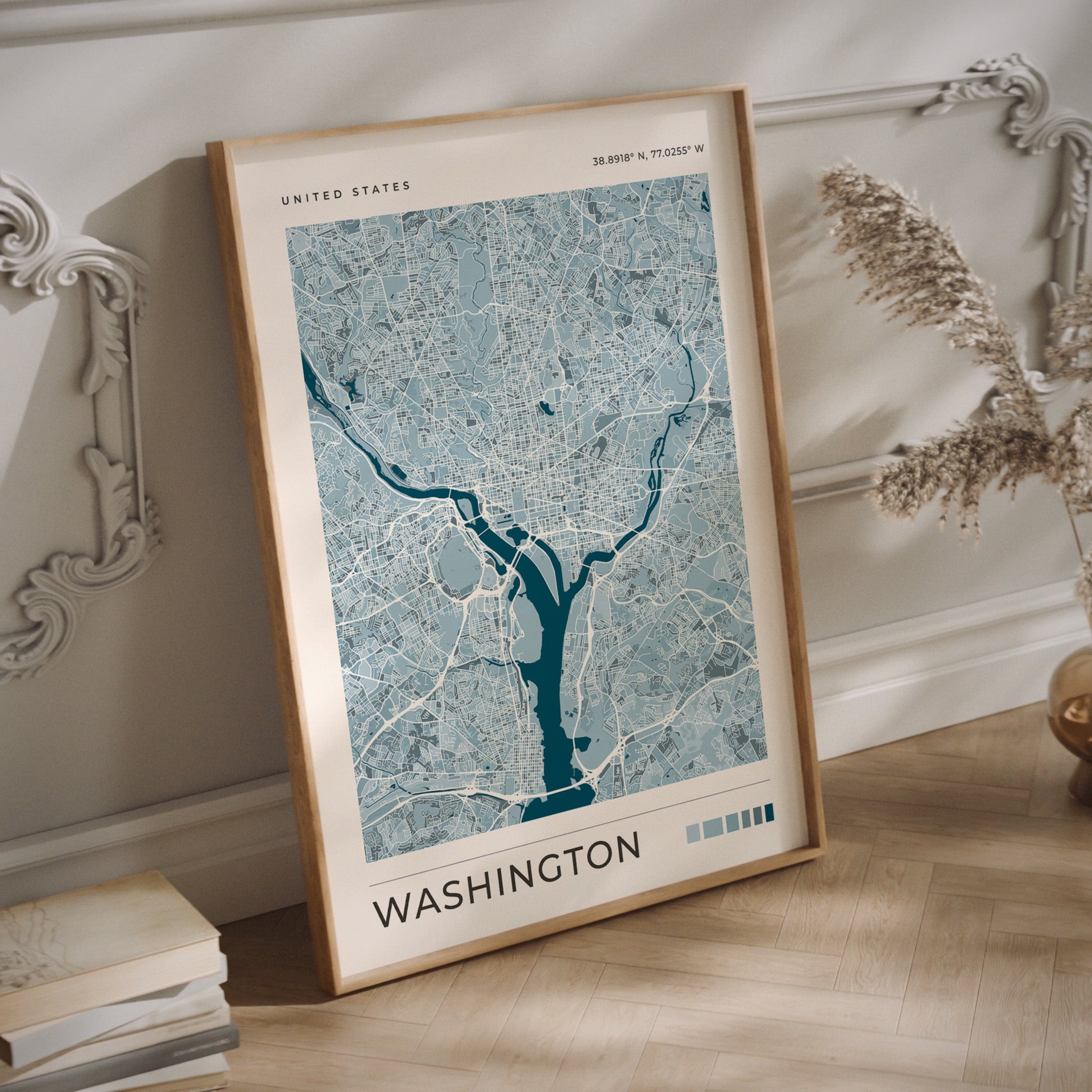 Washington DC blue city map print in a wood frame