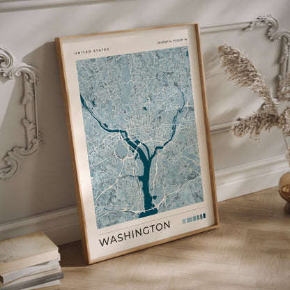 Washington DC blue city map print in a wood frame