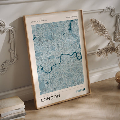 London city map print in blue tones in a wood frame