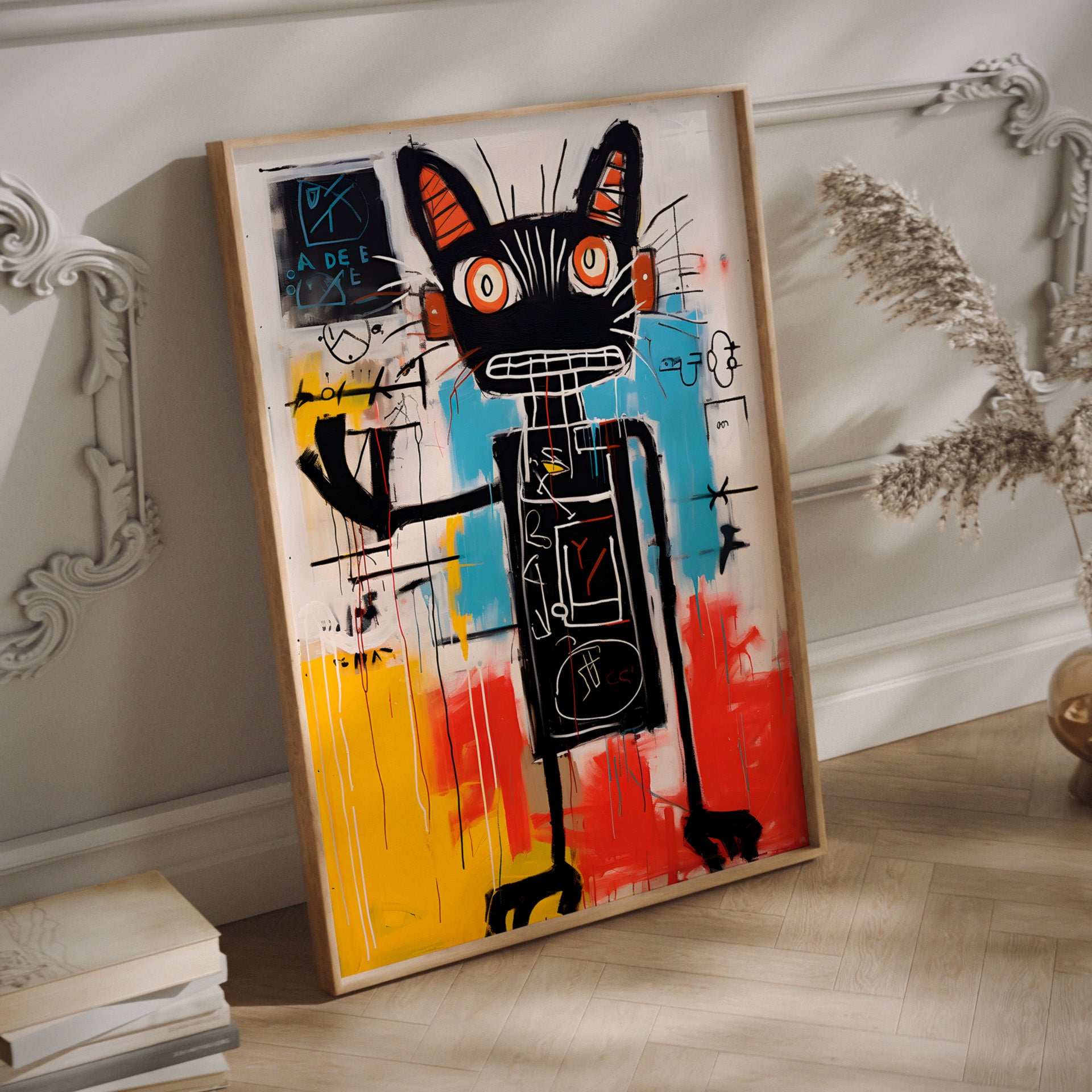 Basquiat lack cat wall art in a wood frame