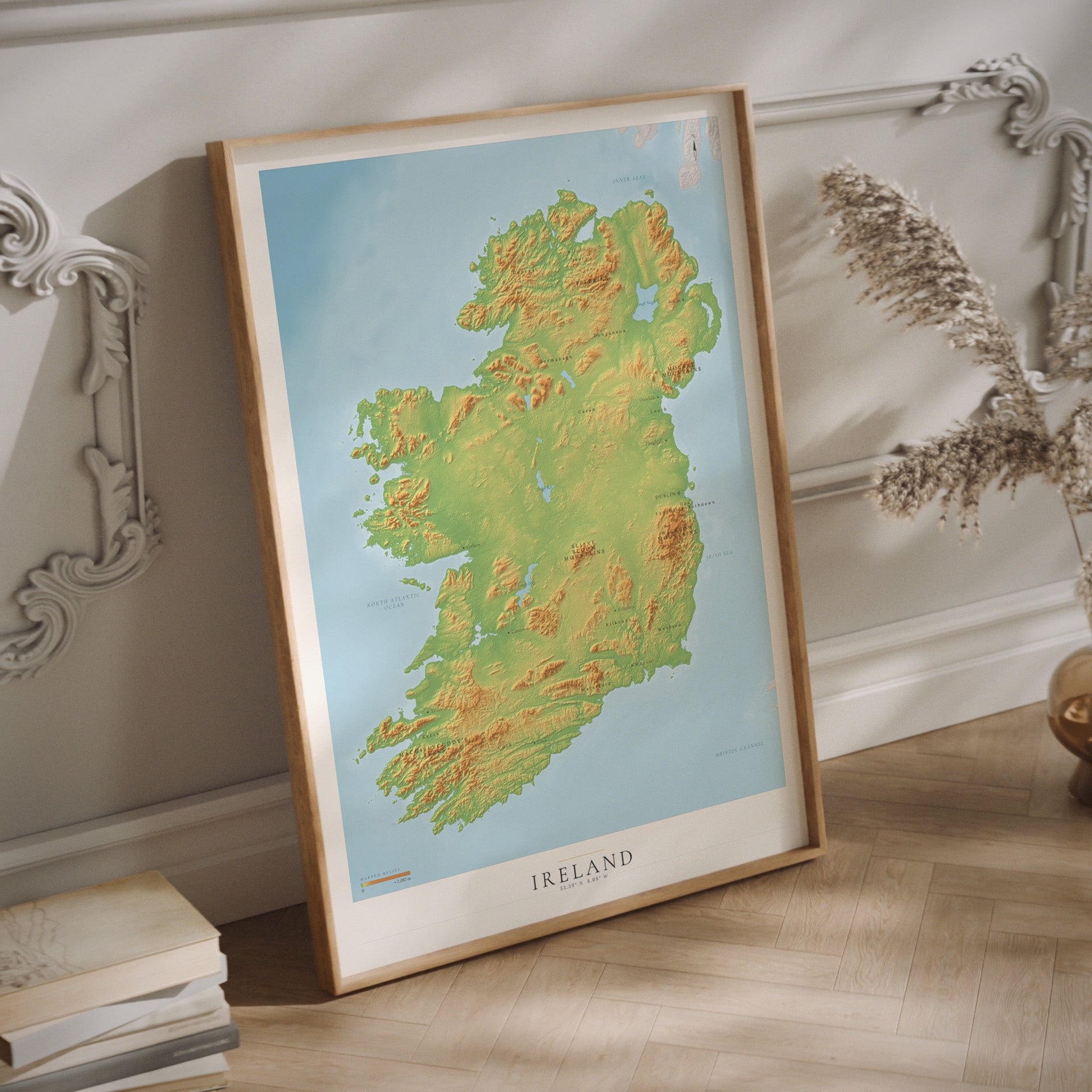 Relief map of Ireland print in a wood frame