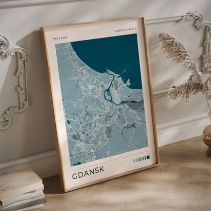 Blue city map of the city of Gdansk in Poland