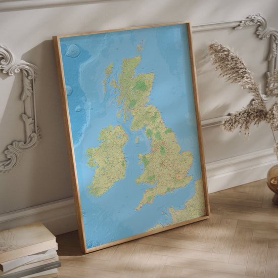 British Isles relief map print in a wood frame