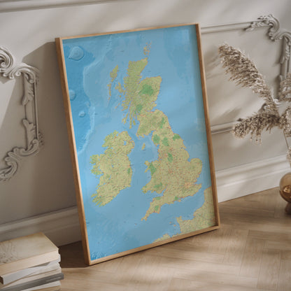 British Isles relief map print in a wood frame