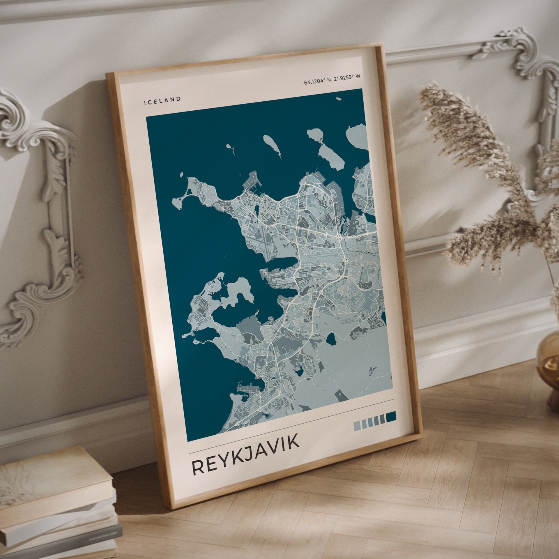 A copenhagen wall art in blue colors in a wood frame.