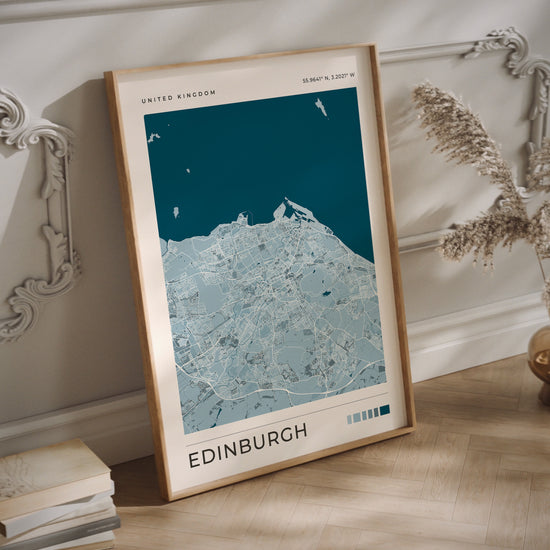 Edinburgh city map print in blue tones in a wood frame