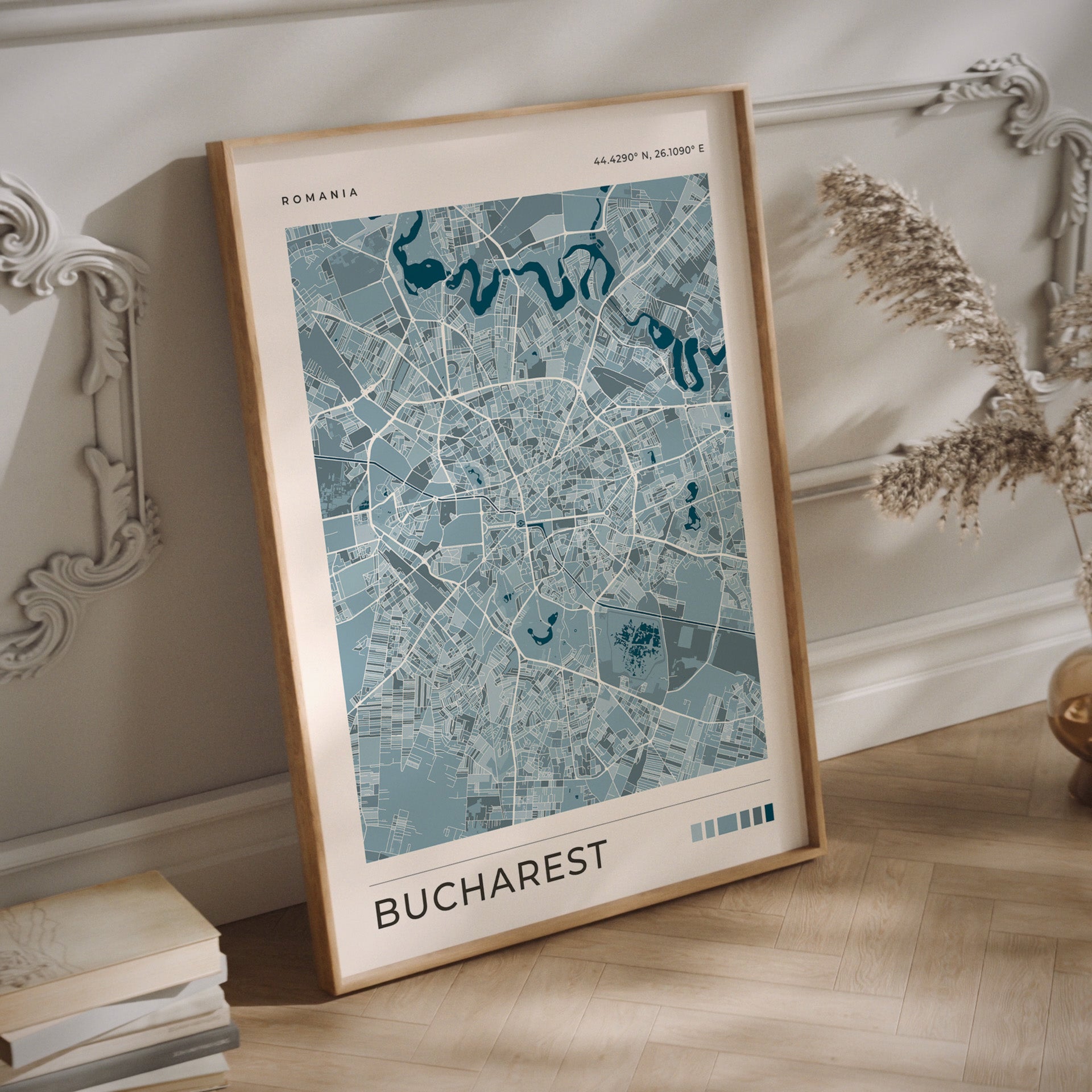 A Bucharest map print in blue tones in a wood frame
