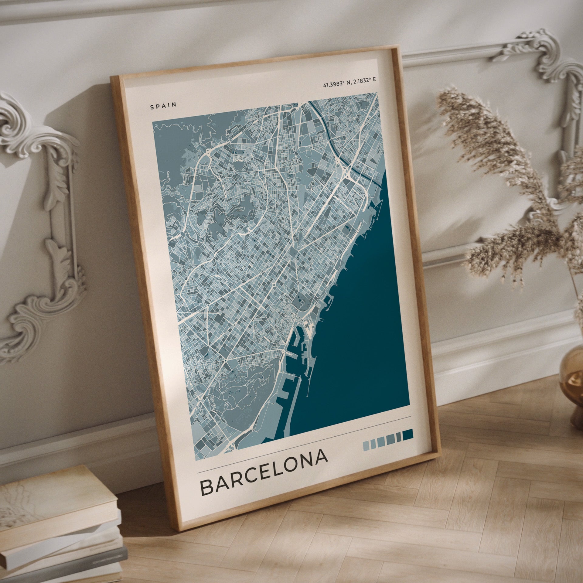 Barcelona city map print in blue tones in a wood frame