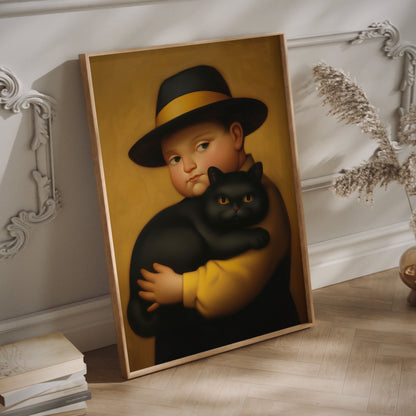 Botero boy with black cat wall art in a wood frame